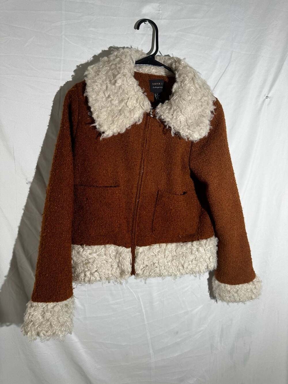Penny Lane Forever 21 Womens Jacket Sherpa Collar Zip Cropped Rust Brown Medium